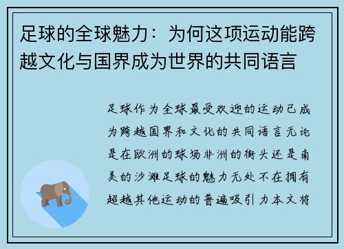 足球的全球魅力：为何这项运动能跨越文化与国界成为世界的共同语言